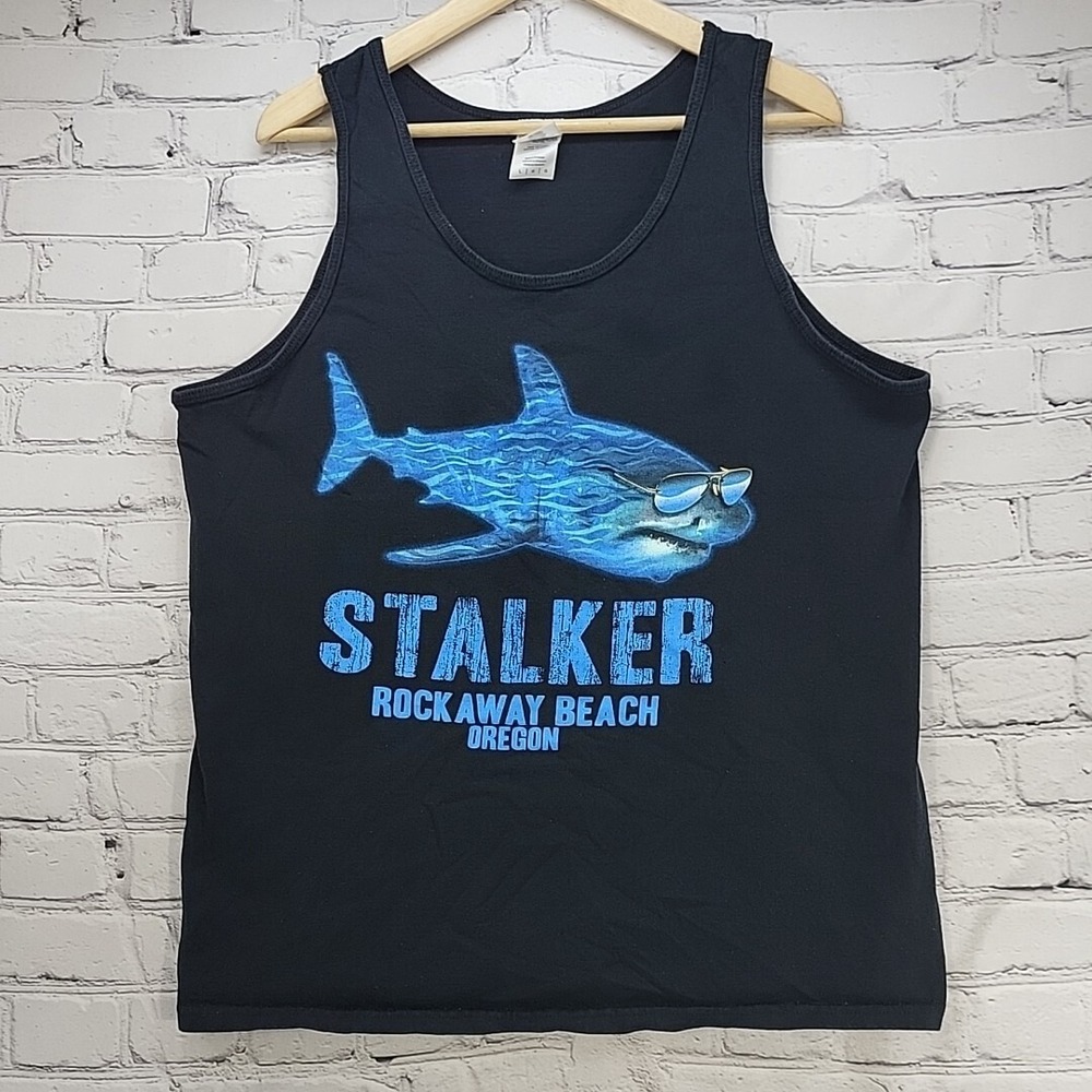 Shark Stalker Tank Top Mens Sz L Rockaway Beach Oregon Surfer Tee Black Blue
